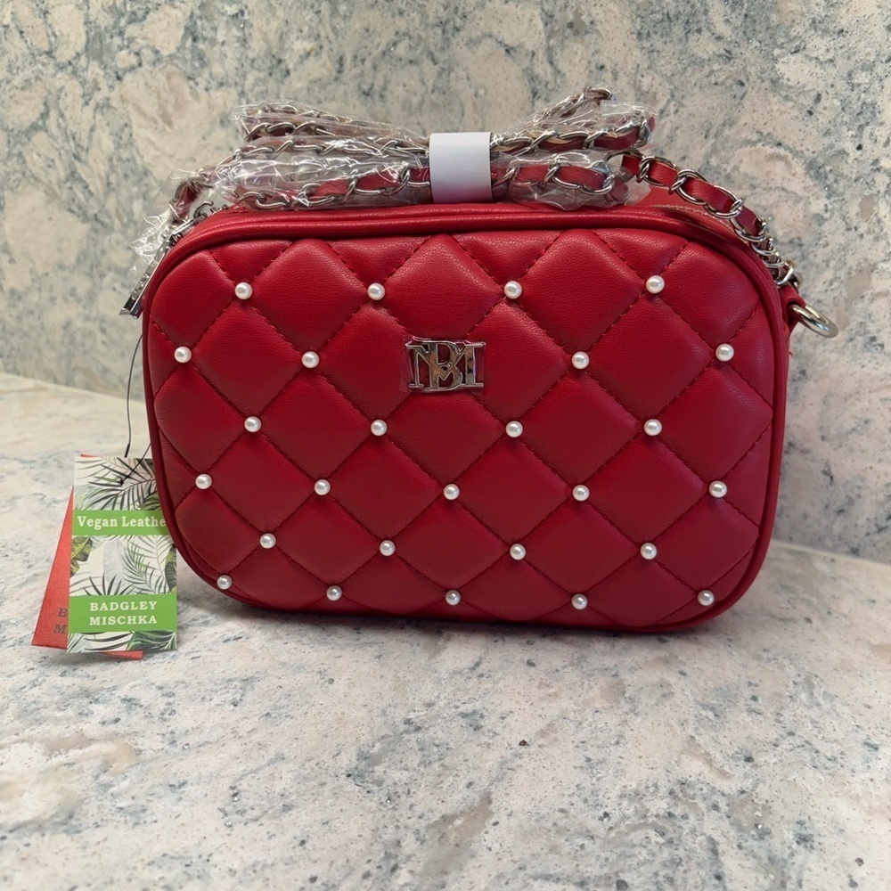 Bradley Mischka Red Diamond Quilted Accessories Crossbody Handbag W/ Pearls